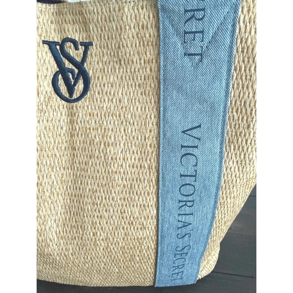 Victoria's Secret Paper Straw Tote Bag with Denim Logo Straps Lined Snap Closure